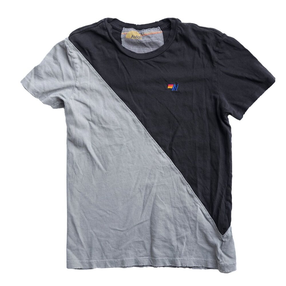Aviator Nation Black Grey Color Block Splice Diagonal Distressed T Shirt Top